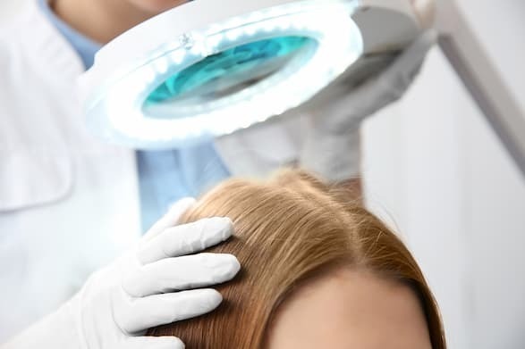 Hair loss doctor inspecting a red-headed woman’s scalp to see if she is a candidate for Micropigmentation to treat Women’s Hair Loss